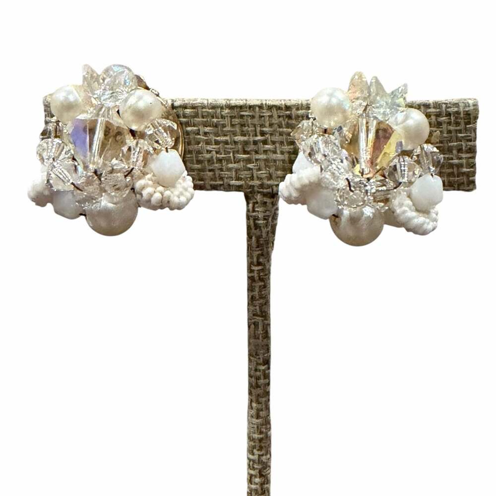 AB Aurora Borealis Crystal Faux Pearl White Bead Cluster Clip On Earrings 1960s